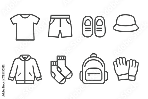 Child Clothing Icons. Outline icon set of child clothing: t-shirt, shorts, shoes, hat, jacket, socks, backpack, gloves. Line icons in only black color,