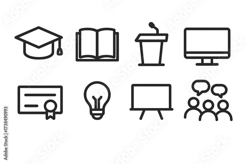 Educational Icons Set. Outline icon set of foundation education and training: graduation cap, book, lecture podium, computer, certificate, light