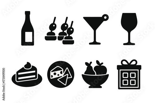Gala Food Icons. Solid, filled icon set of gala food and drinks: champagne bottle, hors d'oeuvres, cocktail glass, wine glass, dessert plate, cheese platter,