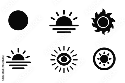 Sun Magic Icons. Solid, filled icon set of sun magic: solar disc, sunrise beam, midday flare, blazing sphere, dawn light, radiant sun eye, heat ripple, solar