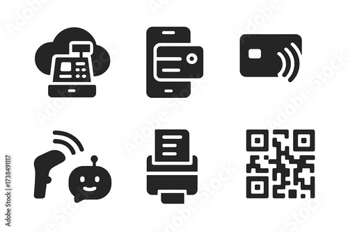 Modern Cash Register Icons. Solid, filled icon set of cash register technology trends: cloud POS, mobile payment app, wireless scanner, NFC payment, digital