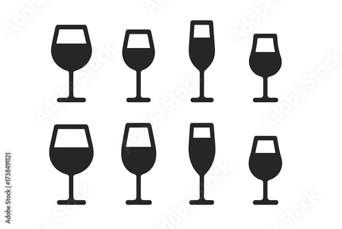 Wine Glass Icon Set. Solid, filled icon set of wine glass types: red wine glass, white wine glass, champagne flute, dessert wine glass, sparkling wine glass,