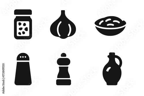 Spicy Seasoning Icons. Solid, filled icon set of fried bean seasonings: chili flakes, garlic, onion, cumin, salt, pepper, paprika, olive oil. [Line icons in