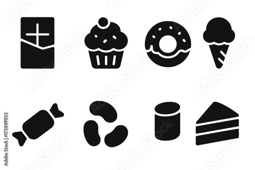 Sweet Snack Icons. Solid, filled icon set of sweet snacks: chocolate bar, cupcake, donut, ice cream cone, candy, jelly beans, marshmallow, cake slice. [Line