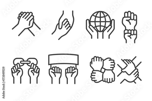 Solidarity Icon Set. Outline icon set of support and solidarity: raised hands holding, helping hand lifting, hands holding chain, hands holding globe, hands