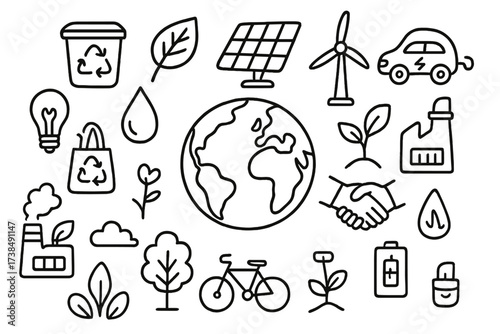 Eco-Friendly Business Icons. Hand-drawn doodle illustration Environmental responsibility in business globe, recycling bin, leaf, solar panel, wind turbine,