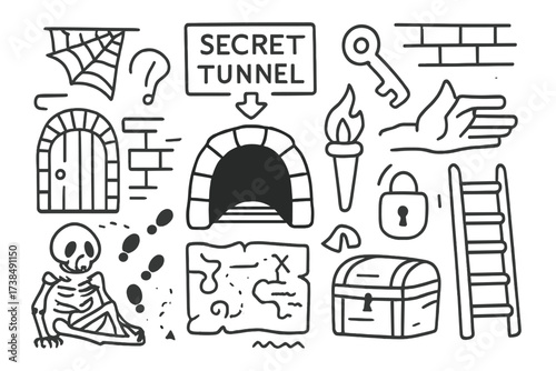 Secret Tunnel Doodle. Hand-drawn doodle illustration secret tunnel tunnel entrance, hidden door, map, key, torch, footprints, spider web, chest, skeleton,
