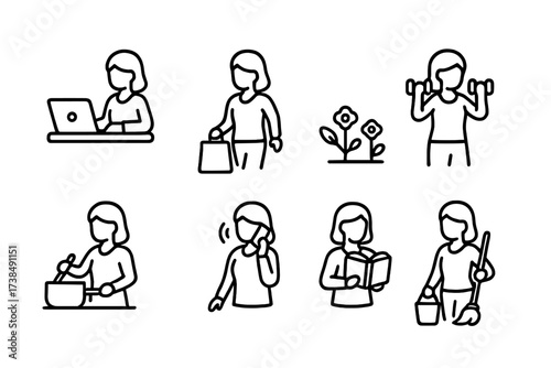Stepmom's Daily Icons. Outline icon set of stepmother?s daily activities: working on laptop, shopping, gardening, exercising, cooking, talking on phone,
