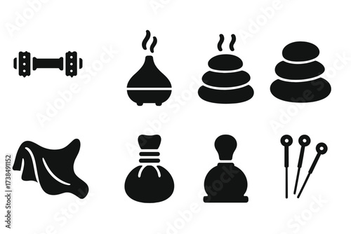 Soothing Tools Icons. Solid, filled icon set of soothing touch tools: massage roller, essential oil diffuser, heated stones, soft brush, silk cloth, herbal