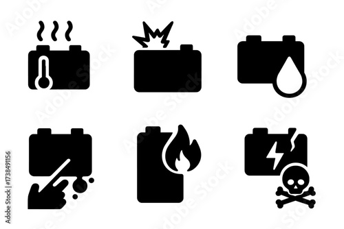 Power Cell Hazards Icons. Solid, filled icon set of power cell hazards: overheating, explosion, leakage, corrosion, fire, short circuit, electrical shock,