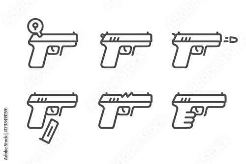 Pistol Icon Set. Outline icon set of pistol firing modes and actions: safety on, safety off, cocked hammer, firing, reloading, jam, empty magazine, trigger