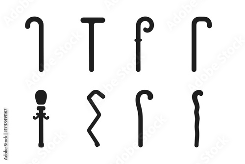 Variety of Cane Styles. Solid, filled icon set of cane styles: classic cane, modern cane, antique cane, minimalist cane, ornate cane, collapsible cane, elegant