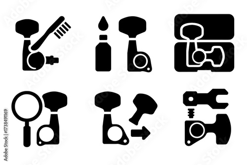 Tuning Key Maintenance Icons. Solid, filled icon set of tuning key maintenance: cleaning, lubrication, storage, inspection, replacement, grip care, ratchet