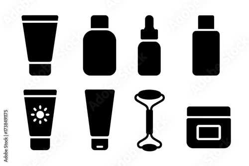 Spa Skincare Icons. Solid, filled icon set of spa skincare: cleanser, moisturizer, serum, toner, sunscreen, exfoliator, face roller, mask jar. Solid, filled