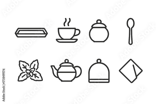 Mint Tea & Cooking Icons. Outline icon set of mint tea serving: tea tray, teacup with steam, sugar pot, teaspoon, mint garnish, glass teapot, tea cozy, serving