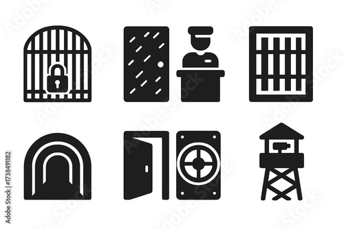 Forbidden Zone Icons. Solid, filled icon set of forbidden zone entrances: locked gate, rusty door, barred window, security checkpoint, underground tunnel,