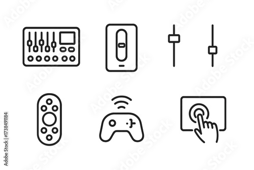 Light Control Icons. Outline icon set of light control: lighting console, dimmer switch, control panel, fader, remote control, color wheel, wireless