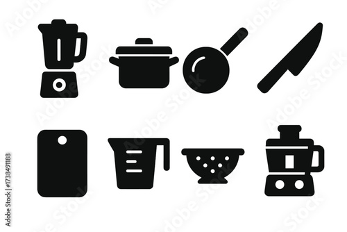 Kitchen Tool Icons. Solid, filled icon set of vegetarian protein kitchen tools: blender, saucepan, frying pan, knife, cutting board, measuring cup, colander,