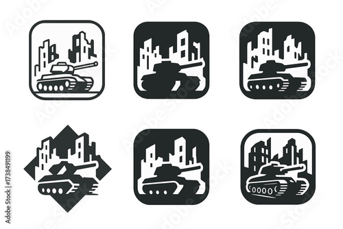 Military Vehicle Logos. Military vehicles driving through a desolate, destroyed city. Set Logo of Military vehicles driving through a desolate, destroyed city: