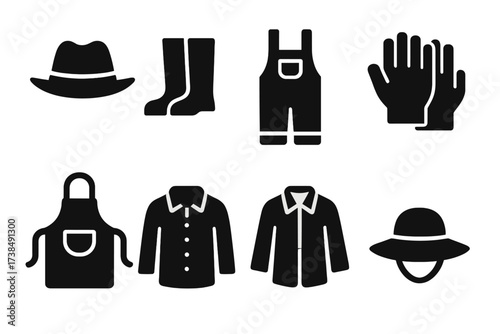 Farmer Attire Icons. Solid, filled icon set of farmer attire: hat, boots, overalls, gloves, apron, shirt, jacket, sunhat. [Line icons in only black color. All