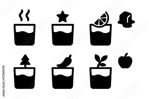 Lowball Drink Icons. Solid, filled icon set of lowball drink flavors: smoky, sweet, bitter, woody, spicy, herbal, fruity, caramel. Solid, filled icons in only