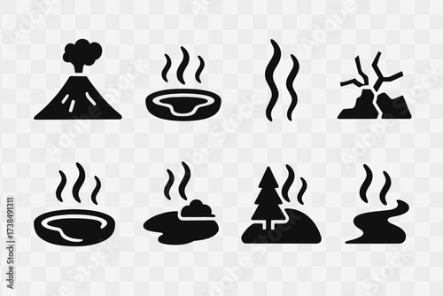 Geothermal Icon Set. Solid, filled icon set of geothermal landscape: volcanic mountain, hot spring basin, steam rising, cracked earth, mineral pool, desert