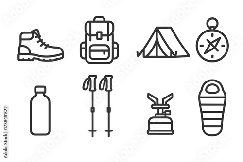 Outdoor Gear Icons. Outline icon set of outdoor gear equipment: hiking boots, backpack, tent, compass, water bottle, trekking poles, camping stove, sleeping