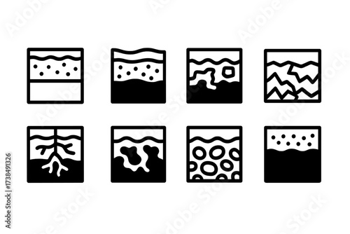 Soil Layer Icons. Solid, filled icon set of soil layers: topsoil, subsoil, parent material, bedrock, roots, humus, gravel, water table. [Line icons in only