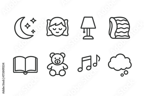 Bedtime Story Icons. Outline icon set of bedtime storybook: moon and stars, sleeping child, night lamp, cozy blanket, storybook, teddy bear, lullaby music
