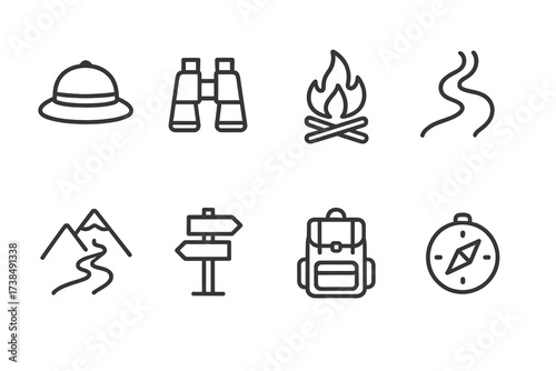 Icon Sets Collection. Outline icon set of adventure route: explorer hat, binoculars, campfire, river, mountain path, trail sign, backpack, compass. [Line icons