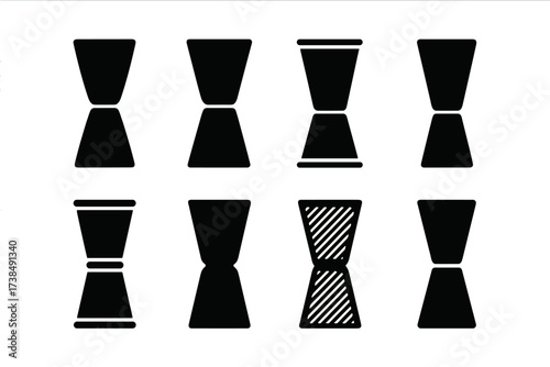 Black Jigger Icon Set. Solid, filled icon set of jigger styles: classic, modern, vintage, minimalist, engraved, colored, textured, foldable. Solid, filled