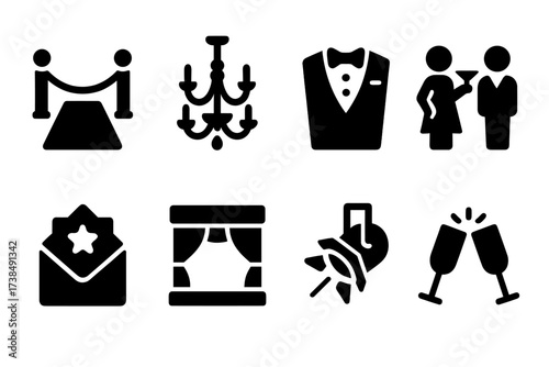 Luxury Event Icons. Solid, filled icon set of luxury events: red carpet, chandelier, tuxedo, cocktail party, gala invitation, stage, spotlight, champagne