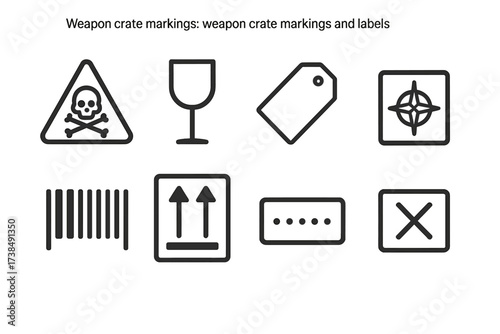 Weapon Crate Markings. Outline icon set of weapon crate markings and labels: hazard sign, fragile sticker, barcode, serial number, warning tag, handling