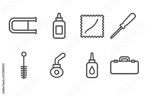 Trumpet Care Icons. Outline icon set of trumpet tuning and maintenance: tuning slide, valve oil bottle, cleaning cloth, screwdriver, mouthpiece brush, water