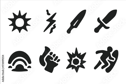 Battle Magic Icons. Solid, filled icon set of battle magic: arcane explosion, chain lightning, magic blade, blast wave, charged fist, burning step, frost nova,