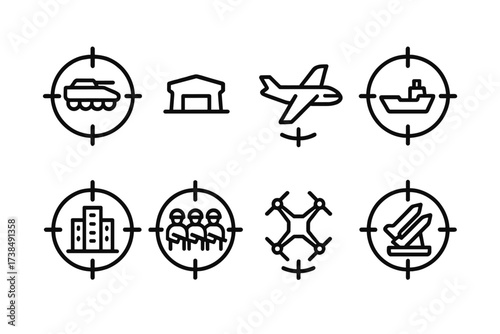 Rocket Launcher Targets Icons. Outline icon set of rocket launcher targets: enemy vehicle, bunker, aircraft, ship, building, infantry squad, drone, missile