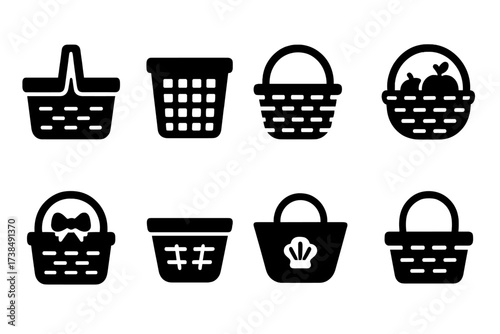 Woven Basket Icons. Solid, filled icon set of woven baskets: picnic basket, laundry basket, market basket, fruit basket, gift basket, storage basket, beach
