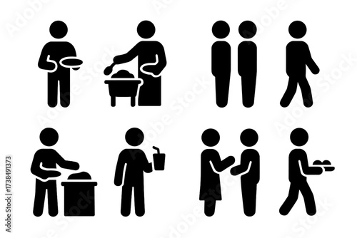 Buffet Icon Set. Solid, filled icon set of buffet line guests: guest holding plate, guest scooping food, guest queuing, guest reaching tray, guest with drink,