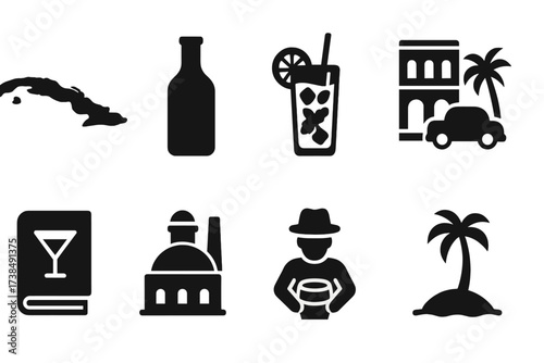 Mojito Origins Icons. Solid, filled icon set of mojito history and origin: old Cuban map, vintage bottle, traditional glass, Havana street, classic cocktail