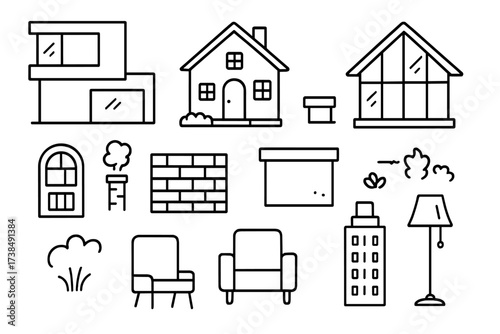Diverse Home Architecture Icons. Hand-drawn doodle illustration home architecture styles modern house, traditional house, glass facade, wooden door, chimney,