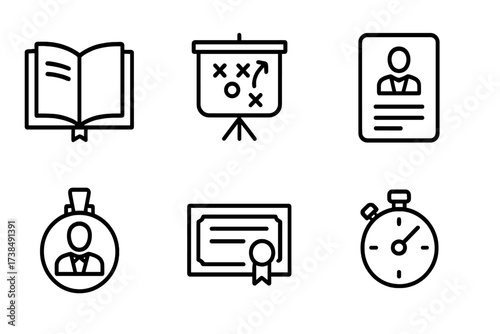 Dealer Training Icons. Outline icon set of dealer training: training manual, strategy chart, practice table, dealer exam, dealer badge, certificate, timer,