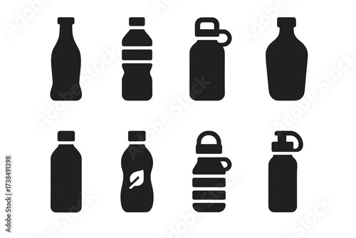 Black Bottle Icons. Solid, filled icon set of bottle materials: glass bottle, plastic bottle, metal bottle, ceramic bottle, aluminum bottle, biodegradable