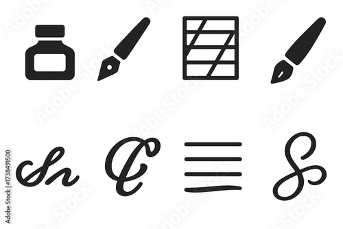 Calligraphy Tool Icons. Solid, filled icon set of calligraphy for place cards: ink bottle, nib pen, calligraphy guide sheet, brush pen, name in cursive,