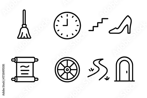 Cinderella Icons Collection. Outline icon set of Cinderella?s journey: cleaning broom, clock, stairs, lost slipper, invitation scroll, carriage wheel, garden