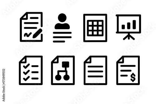 Collaborative Document Icons. Solid, filled icon set of collaborative documents: contract, proposal, report, spreadsheet, presentation, checklist, diagram,