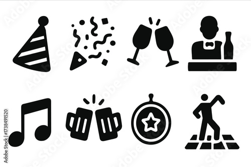 Party Icons Grid. Solid, filled icon set of counter party and events: party hats, confetti, clinking glasses, bartender silhouette, music notes, celebration