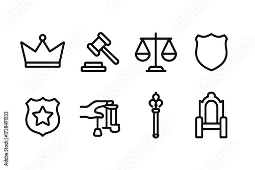 Governance Icon Set. Outline icon set of governance and authority: crown, gavel, scales of justice, shield, badge, hand with puppet strings, scepter, throne.