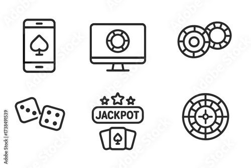 Internet Gambling Icons. Outline icon set of internet gambling: smartphone, computer screen, slot machine, poker chips, dice, jackpot, playing cards, roulette