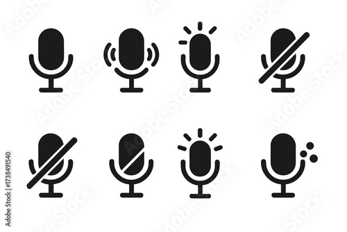 Microphone Icon States. Solid, filled icon set of microphone states: muted mic, active mic, mic with sound waves, disabled mic, mic off icon, mic with slash,