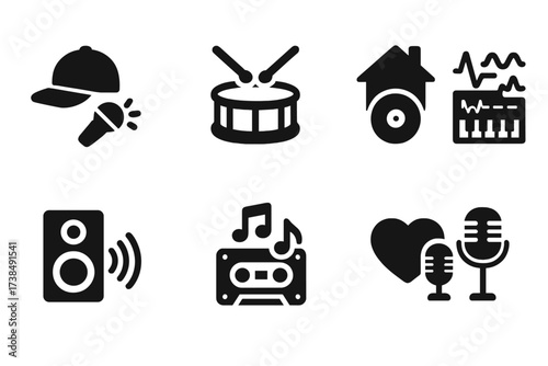 Beatmaker Genre Icons. Solid, filled icon set of beatmaker genres: hip hop, trap, house, techno, dubstep, lo-fi, R&B, pop. Solid, filled icons in only black